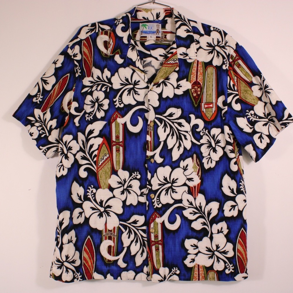 RJC Hawaiian Shirt Mens L Blue Hibiscus Surfboard‎ Aloha Tiki Retro Hawaii Made